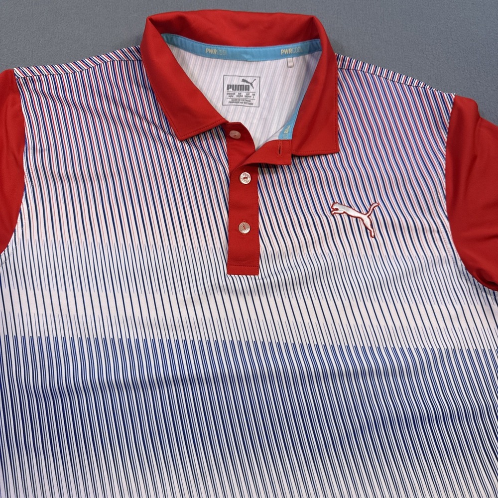Puma SHIRT Mens MEDIUM PWR Cell Striped Golf Polo RED BLUE WHT STRIPE